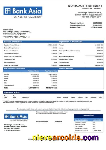 Kyrgyzstan Bank of Asia mortgage statement Word and PDF template